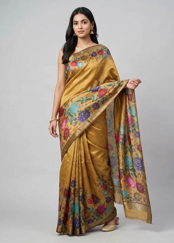 Yellow Handloom Tussar Pure Silk Saree With Blouse Piece One Size