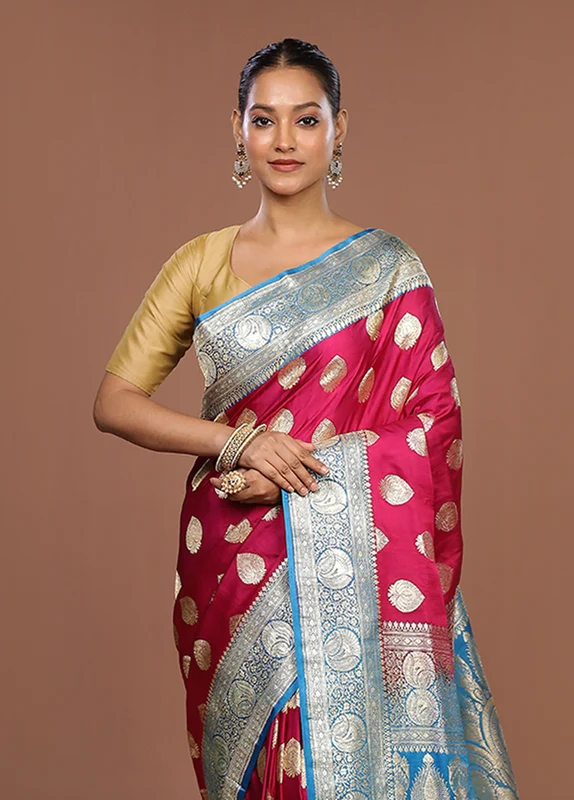 Pink Handloom Banarasi Pure Silk Saree With Blouse Piece One Size