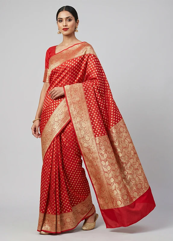 Pink Banarasi Silk Saree With Blouse Piece One Size