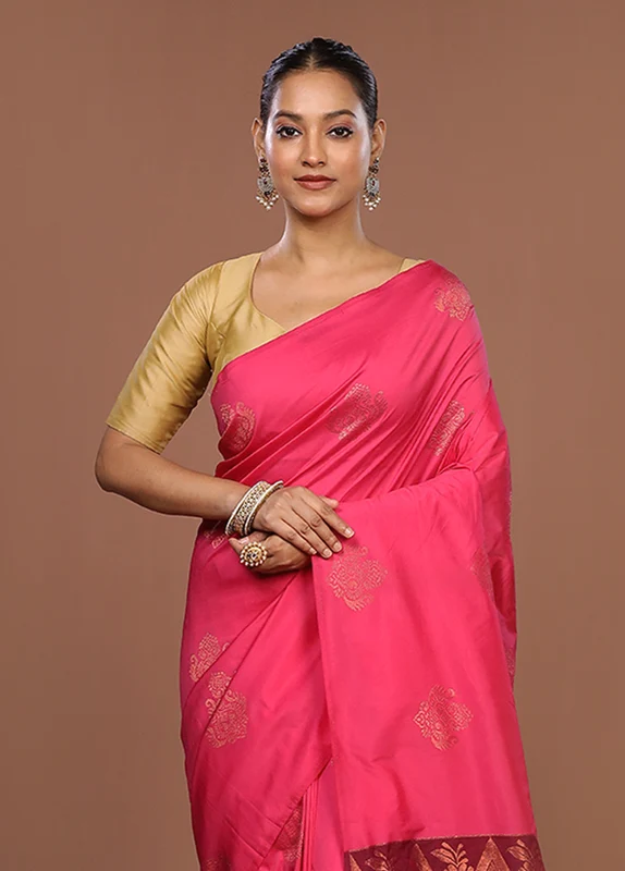 Pink Kanjivaram Silk Saree With Blouse Piece One Size