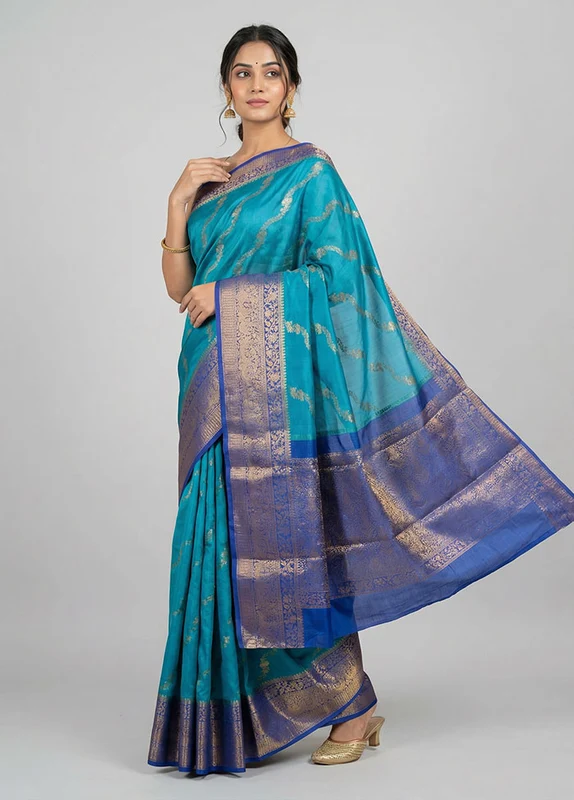 Blue Tussar Silk Saree With Blouse Piece One Size