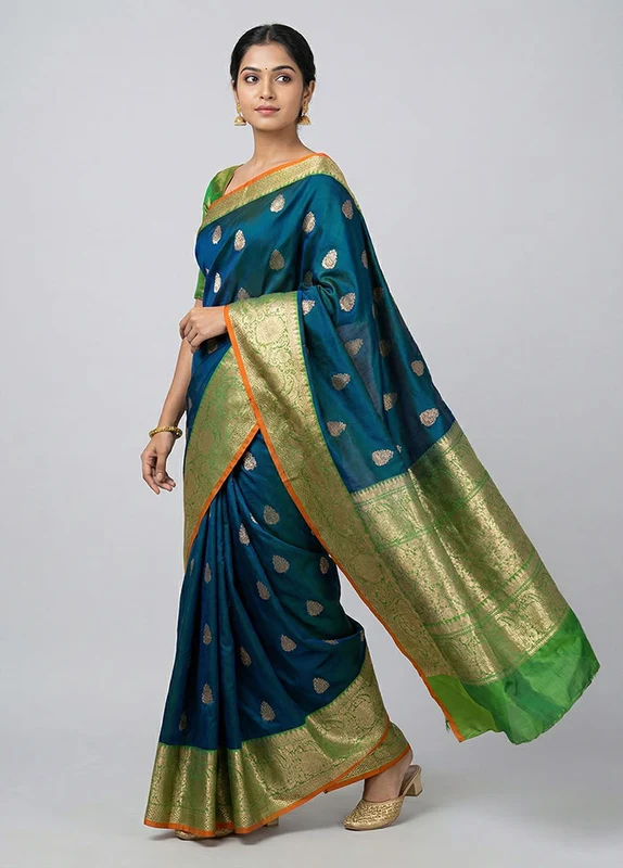 Green Handloom Katan Pure Silk Saree With Blouse Piece One Size