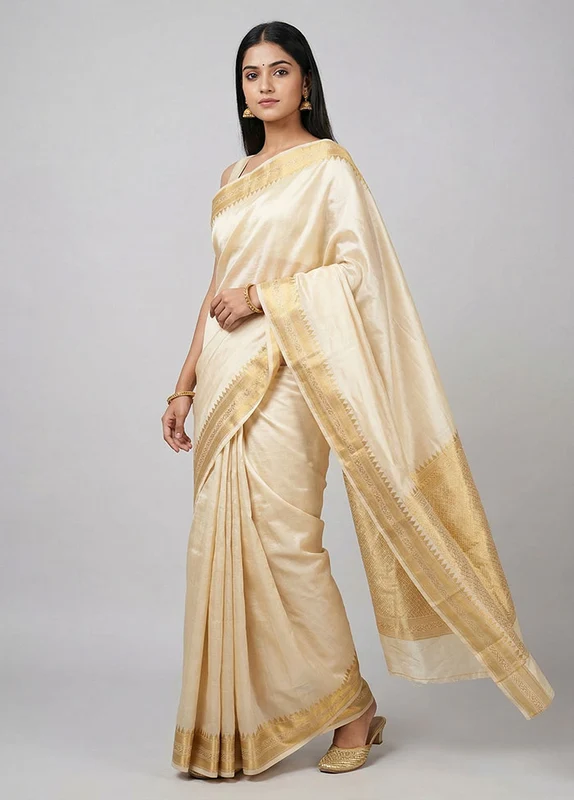 Cream Cotton Saree With Blouse Piece One Size