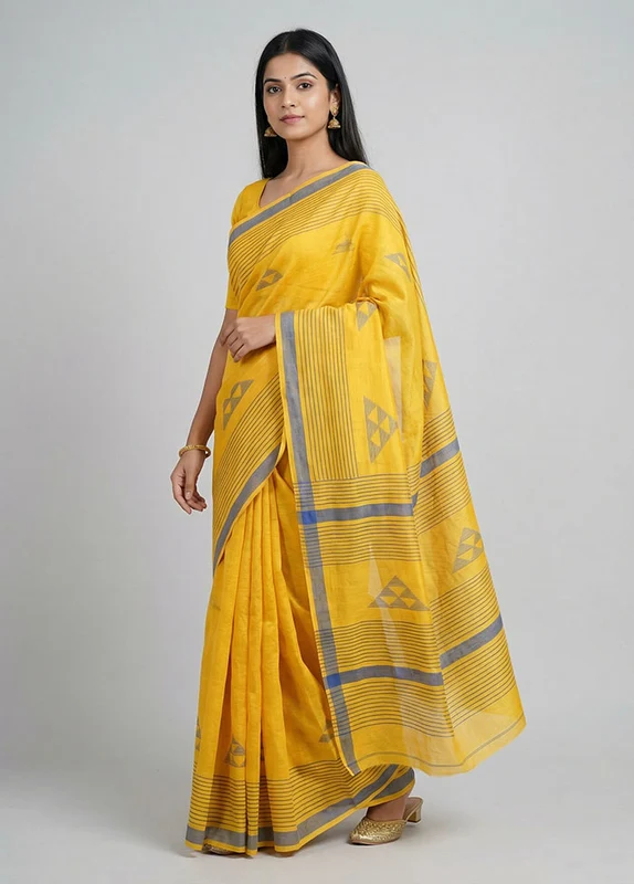 Yellow Matka Silk Saree With Blouse Piece One Size