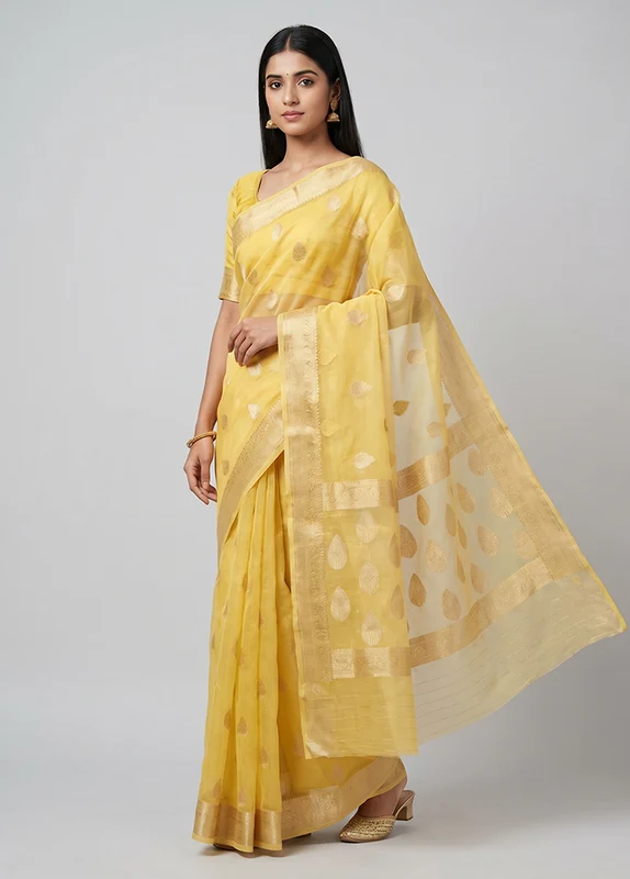 Yellow Kora Silk Saree With Blouse Piece One Size