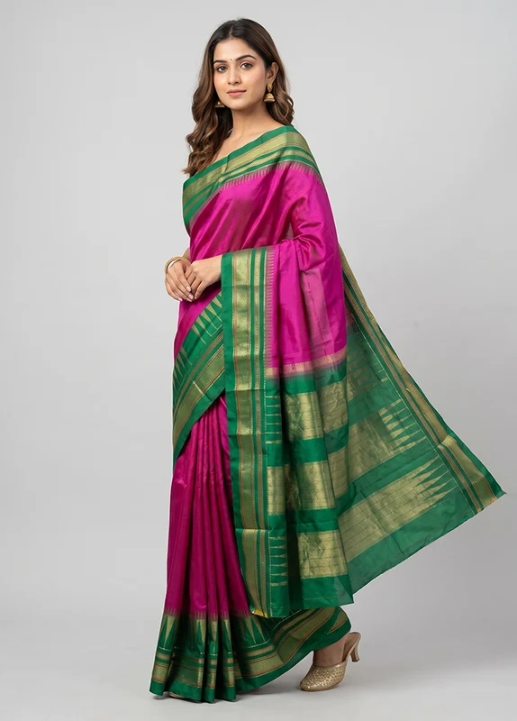 Purple Handloom Kanjivaram Pure Silk Saree With Blouse Piece One Size