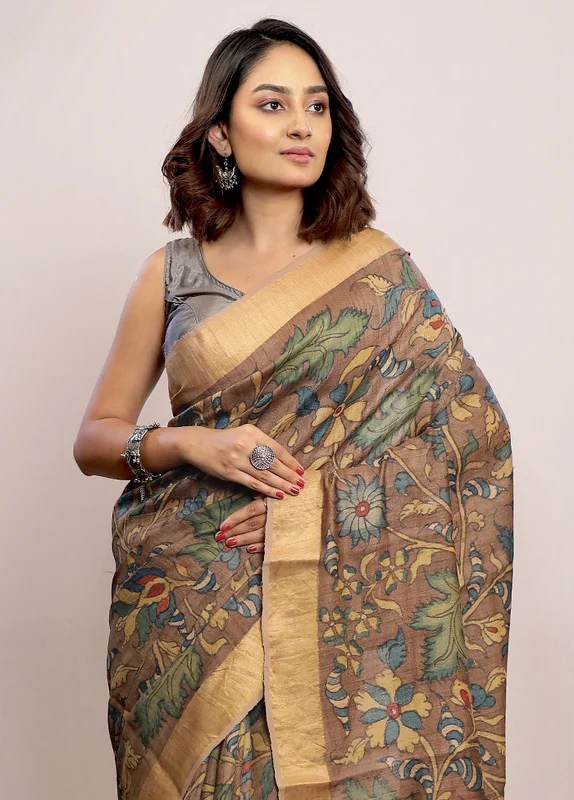 Brown Tussar Pure Silk Saree With Blouse Piece Onesize