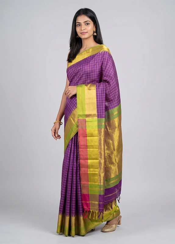 Purple Gadwal Pure Silk Saree Without Blouse Piece One Size