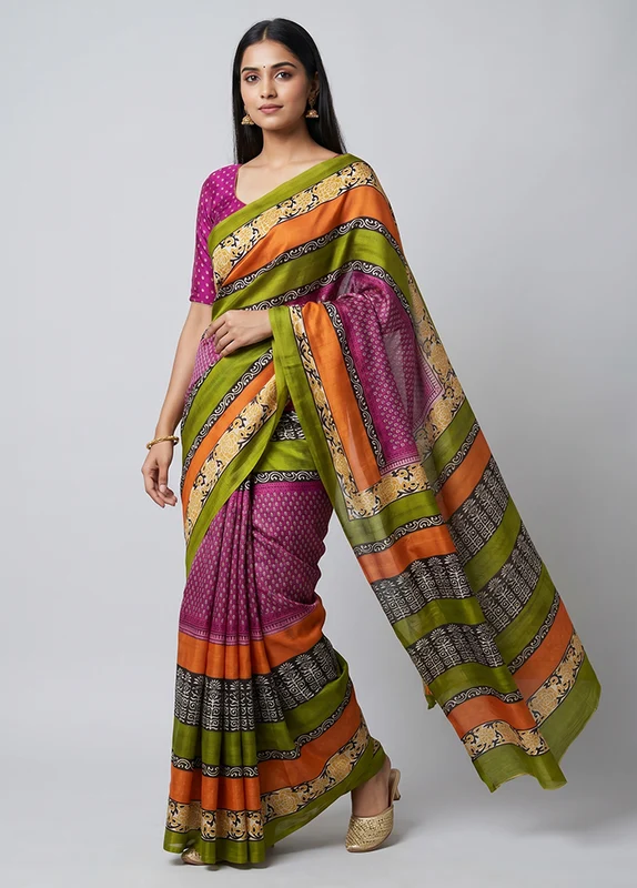 Pink Printed Pure Silk Saree Without Blouse Piece One Size