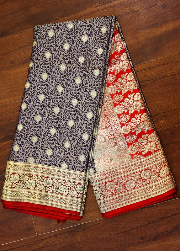 Grey Tanchoi Silk Saree With Blouse Piece One Size