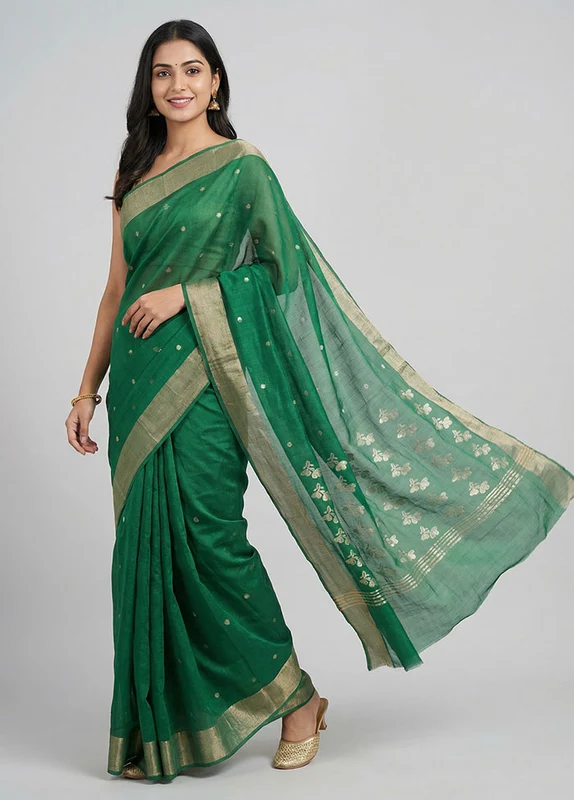 Green Chanderi Silk Saree With Blouse Piece One Size