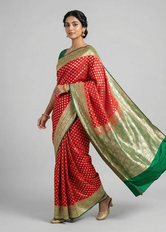 Red Banarasi Silk Saree With Blouse Piece One Size