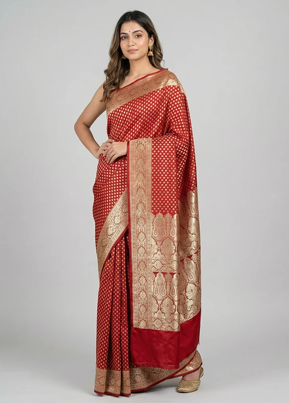 Red Banarasi Silk Saree With Blouse Piece One Size