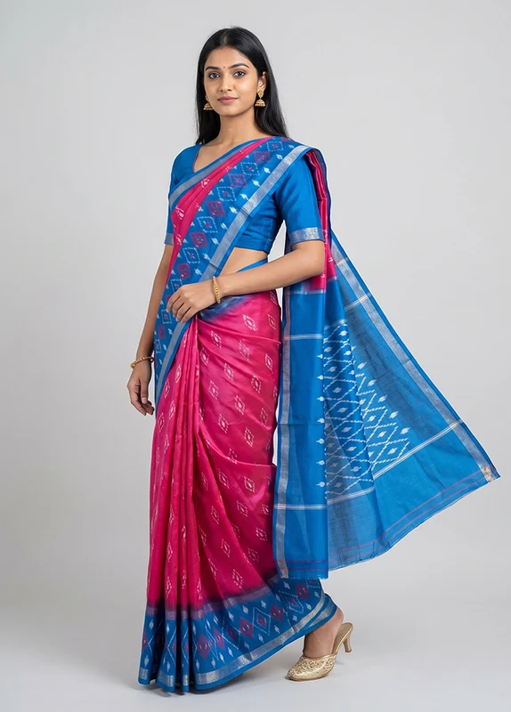 Pink Handloom Ikkat Pure Silk Saree With Blouse Piece One Size
