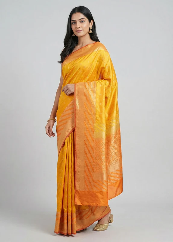 Yellow Handloom Katan Pure Silk Saree With Blouse Piece One Size