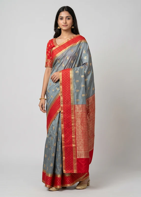 Grey Kanjivaram Silk Saree With Blouse Piece One Size