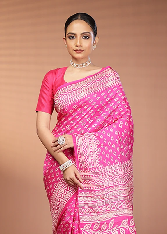 Pink Printed Pure Silk Saree Without Blouse Piece Onesize