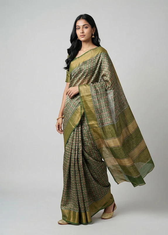 Green Handloom Tussar Silk Saree With Blouse Piece One Size
