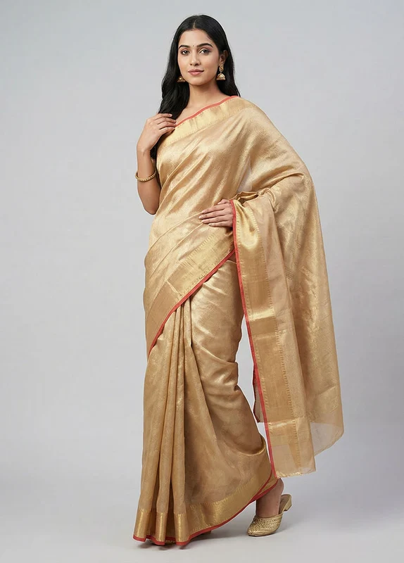 Cream Tissue Silk Saree With Blouse Piece One Size