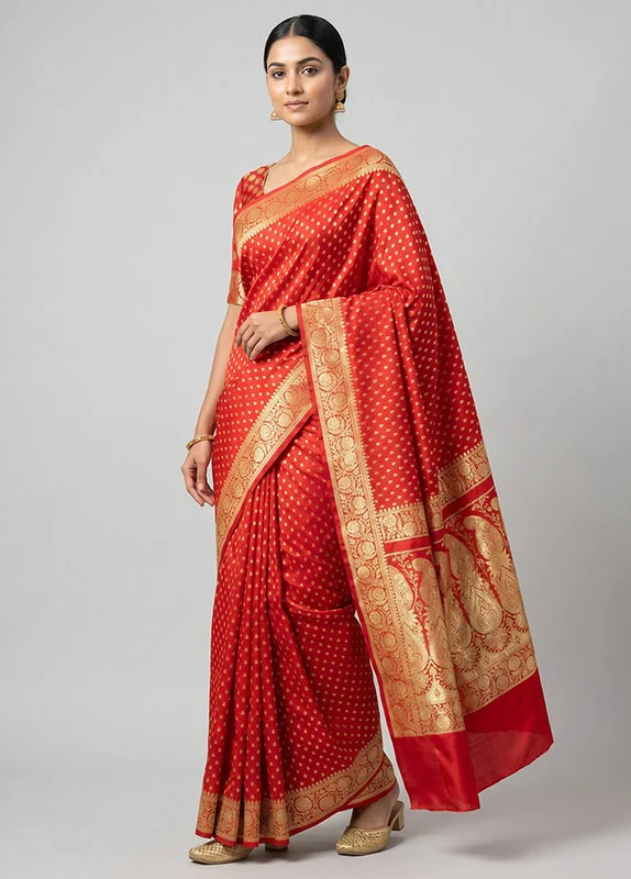 Red Handloom Banarasi Pure Silk Saree With Blouse Piece One Size