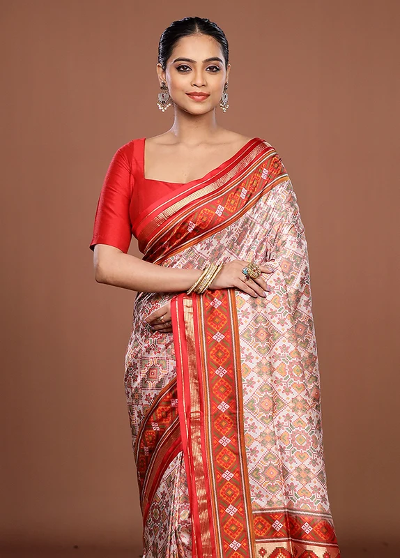Cream Handloom Jamewar Pure Silk Saree With Blouse Piece One Size