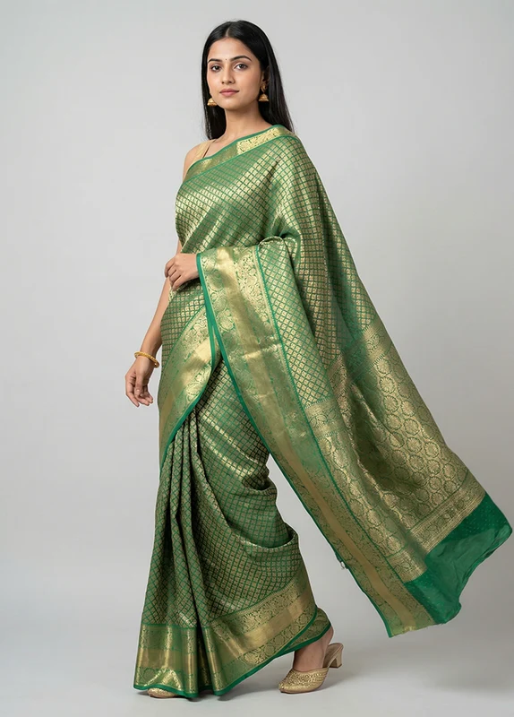 Green Kanjivaram Silk Saree With Blouse Piece One Size