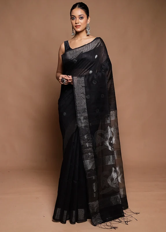 Black Handloom Matka Pure Silk Saree With Blouse Piece Onesize