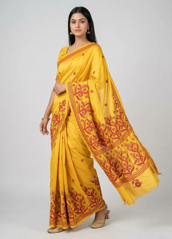 Yellow Kantha Stitch Silk Saree With Blouse Piece One Size