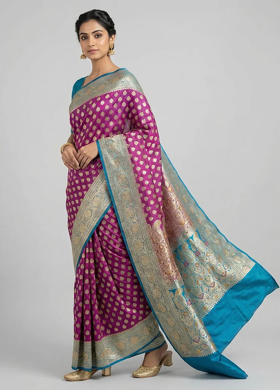 Purple Handloom Banarasi Pure Silk Saree With Blouse Piece One Size