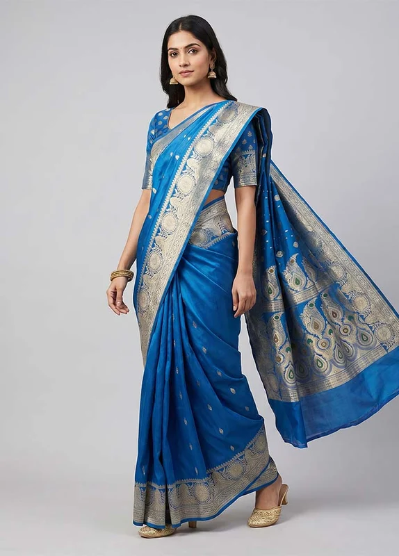Blue Handloom Banarasi Pure Silk Saree With Blouse Piece One Size