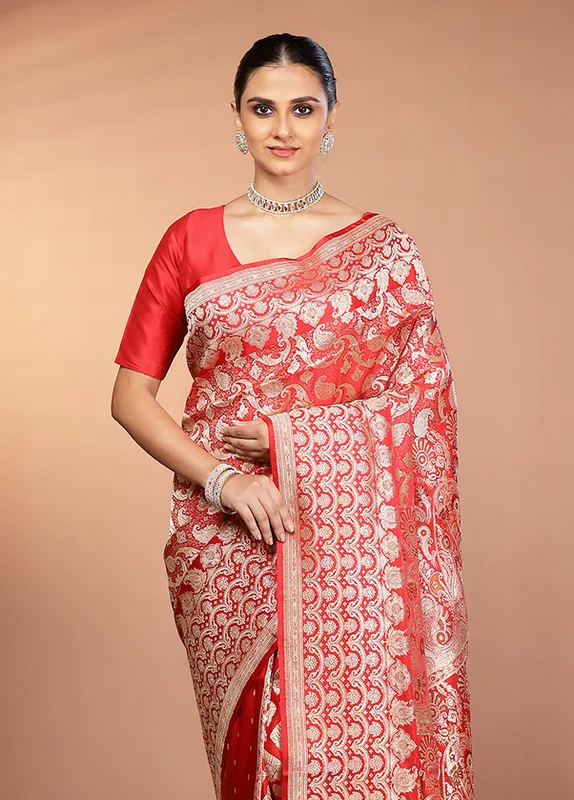 Red Handloom Banarasi Pure Silk Saree With Blouse Piece One Size