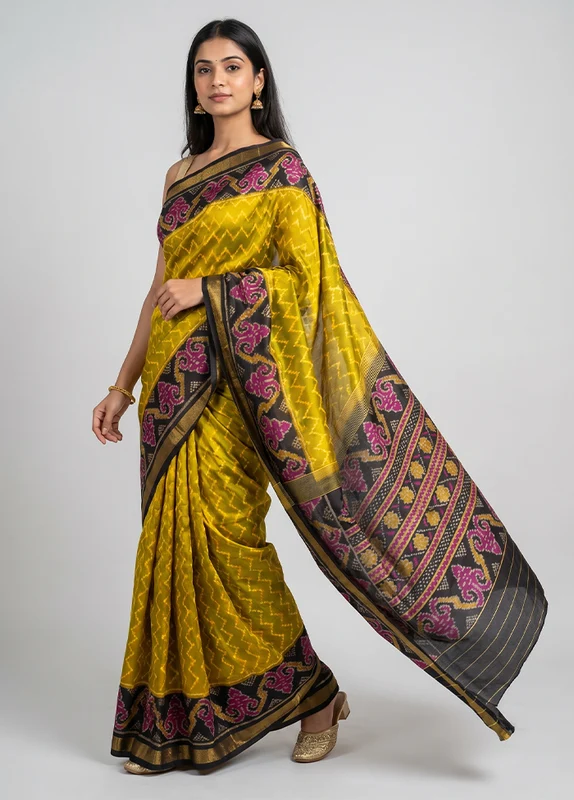 Black Handloom Patola Pure Silk Saree With Blouse Piece One Size