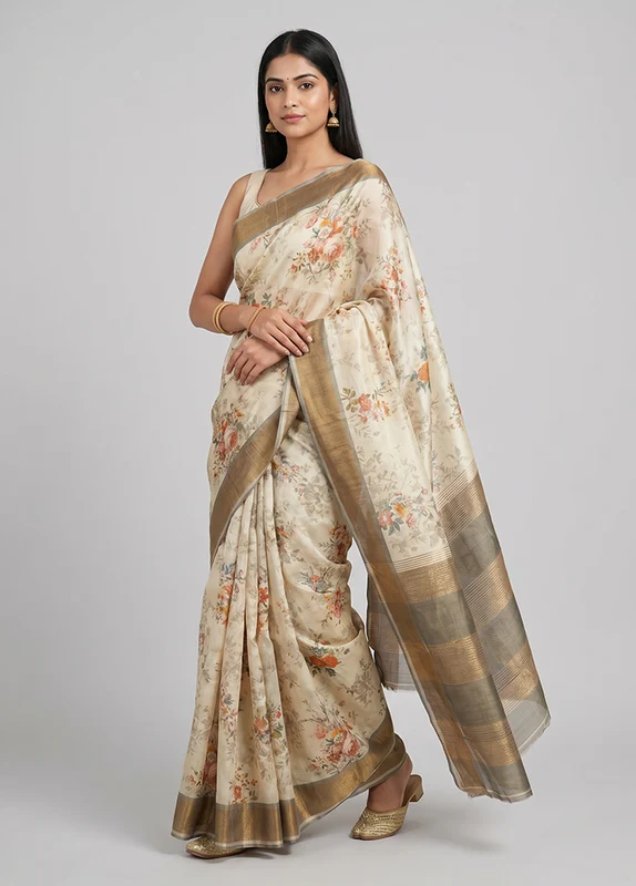 Cream Handloom Tussar Pure Silk Saree With Blouse Piece One Size
