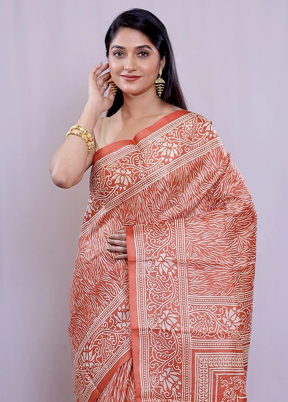 Orange Tussar Silk Saree With Blouse Piece Onesize