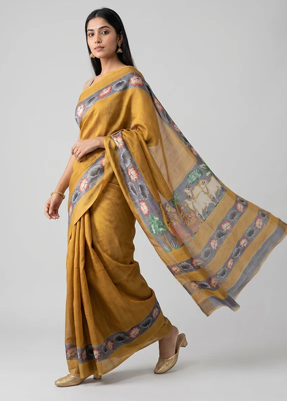 Grey Tussar Silk Saree With Blouse Piece One Size