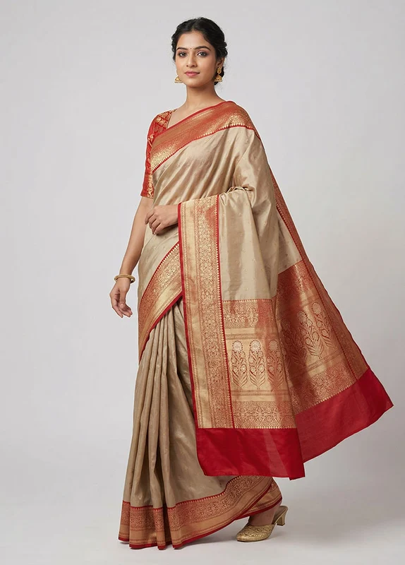 Cream Handloom Katan Pure Silk Saree With Blouse Piece One Size