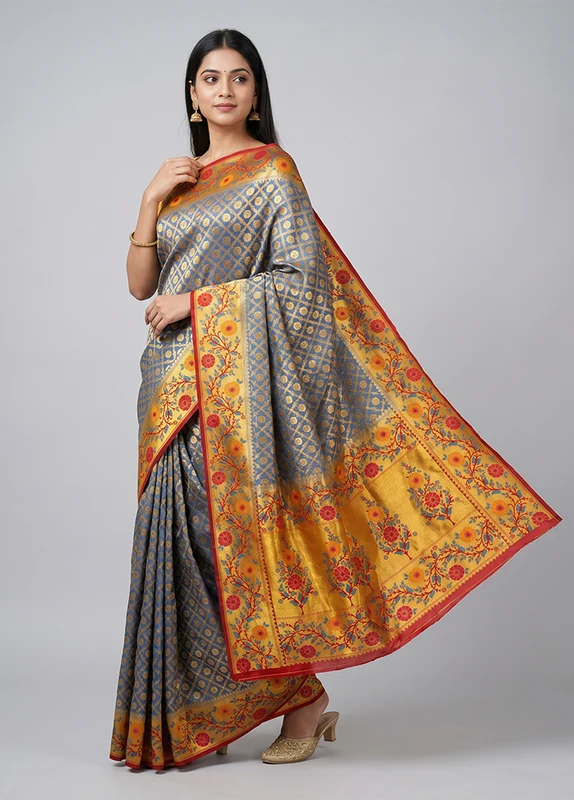Blue Dupion Silk Saree With Blouse Piece One Size