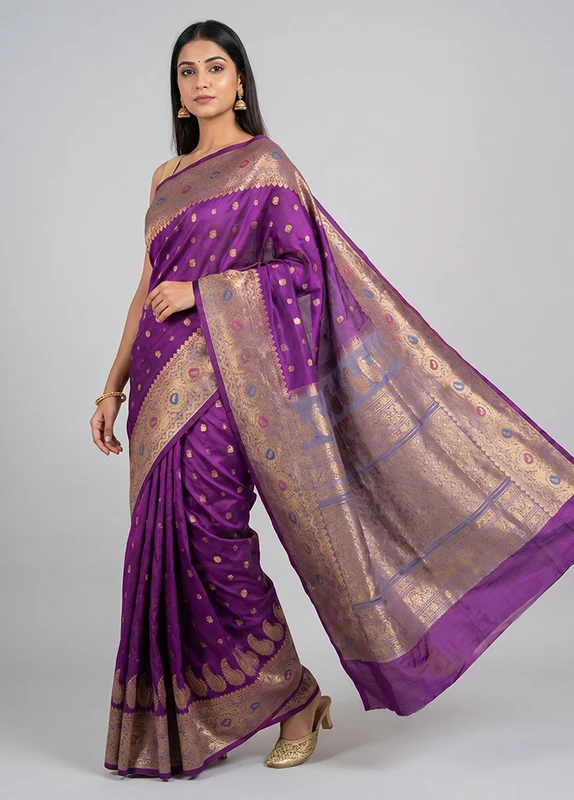 Purple Gadwal Pure Silk Saree Without Blouse Piece One Size