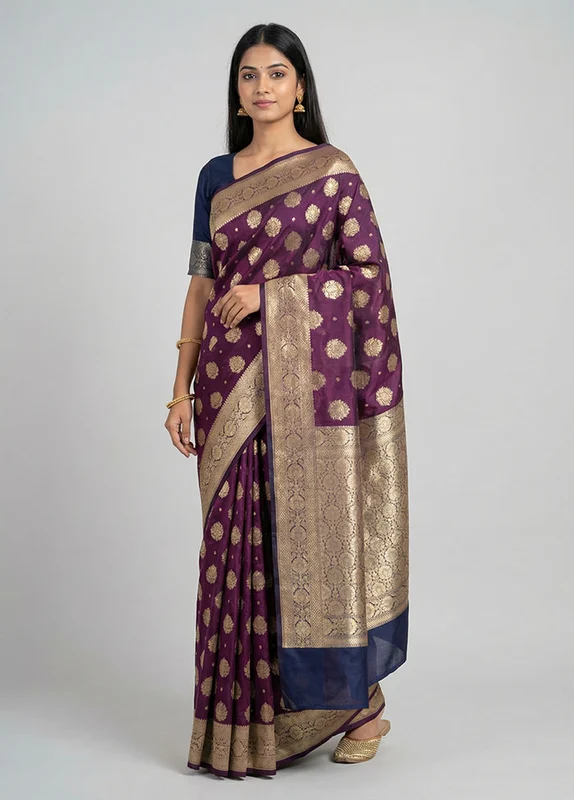 Purple Kora Silk Saree With Blouse Piece One Size