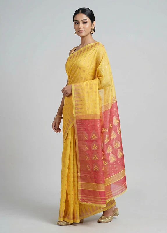 Rust Jamdani Cotton Saree Without Blouse Piece One Size