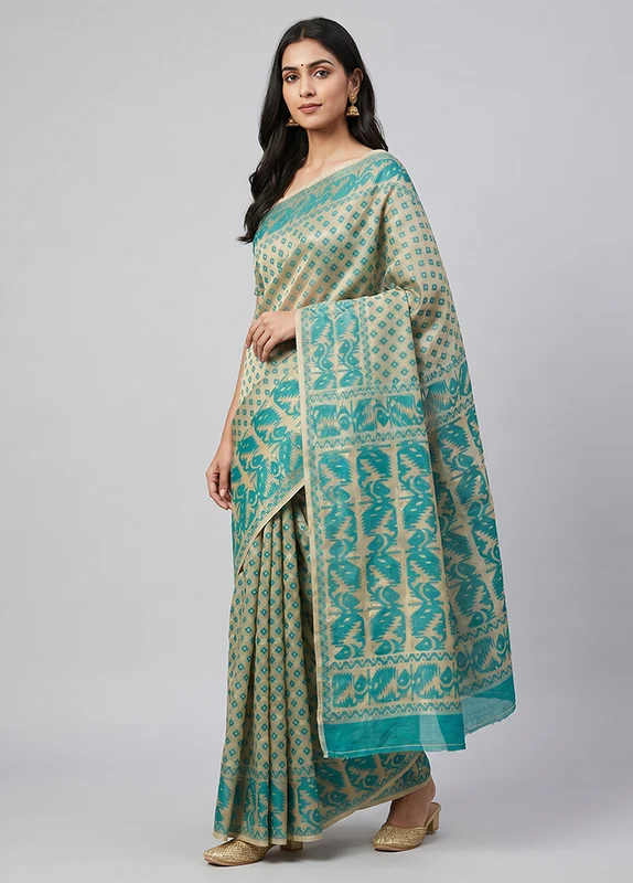 Cream Jamdani Cotton Saree Without Blouse Piece One Size