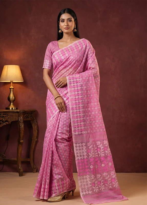 Multicolor Jamdani Cotton Saree Without Blouse Piece One Size