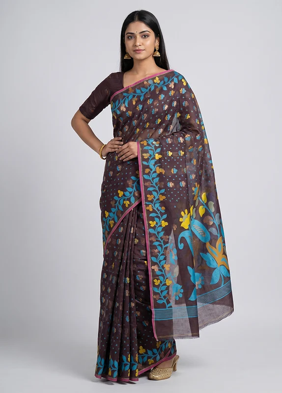 Multicolor Jamdani Cotton Saree Without Blouse Piece One Size