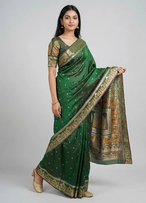 Green Handloom Baluchari Pure Silk Saree With Blouse Piece One Size