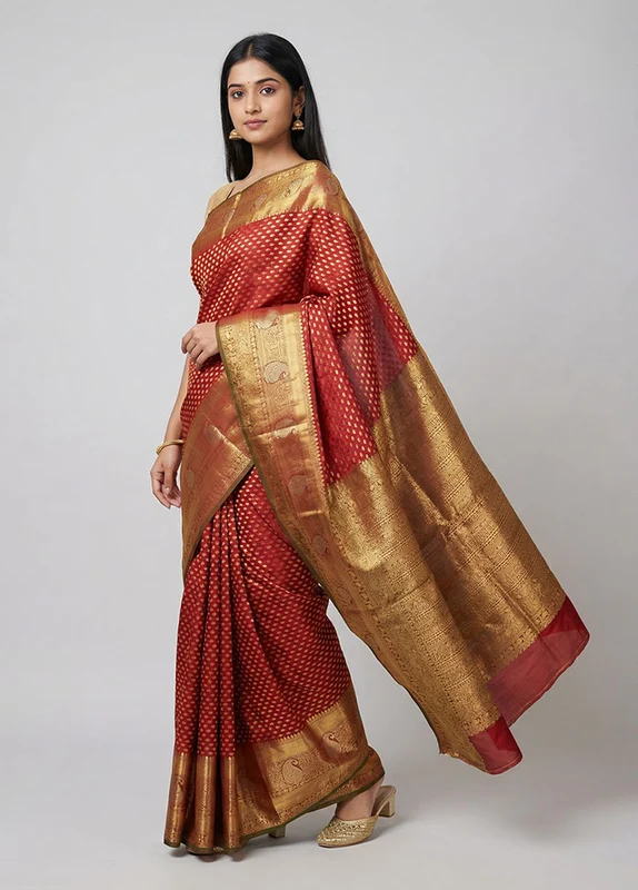 Maroon Handloom Kanchipuram Pure Silk Saree With Blouse Piece One Size