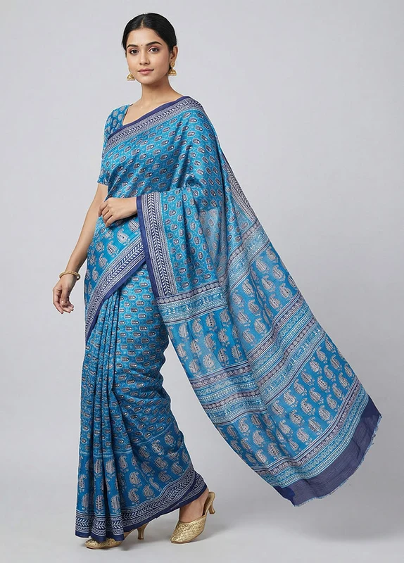 Blue Printed Pure Silk Saree Without Blouse Piece One Size