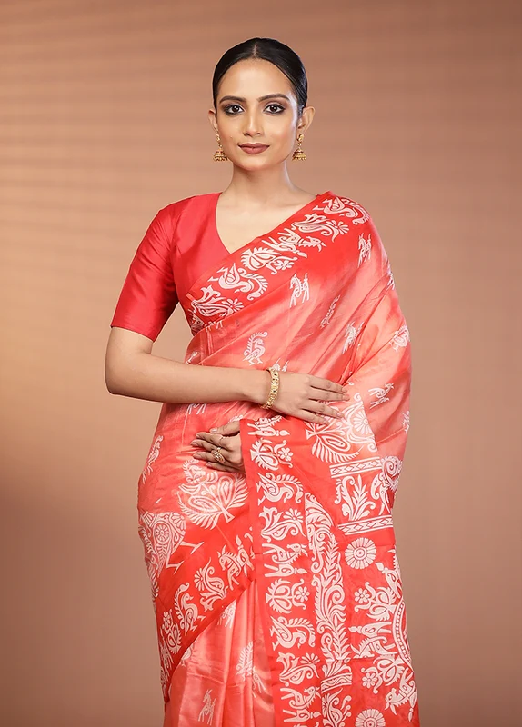 Red Printed Silk Saree Without Blouse Piece One Size