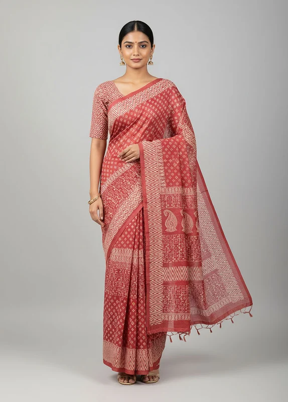 Maroon Tussar Silk Saree With Blouse Piece One Size
