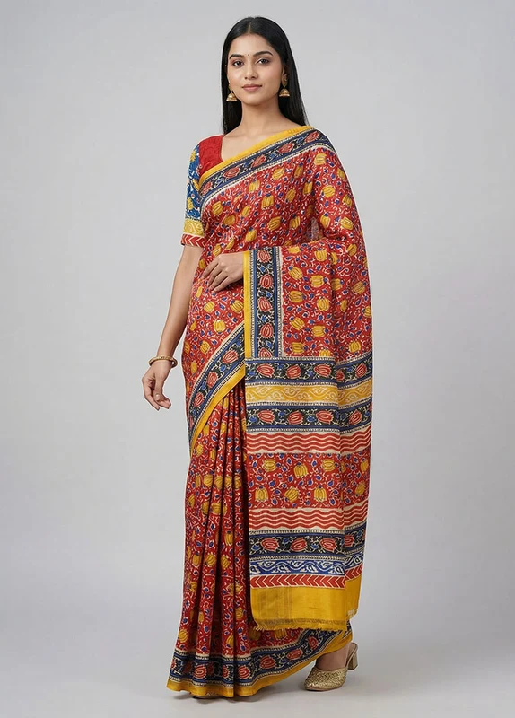 Red Printed Silk Saree Without Blouse Piece One Size