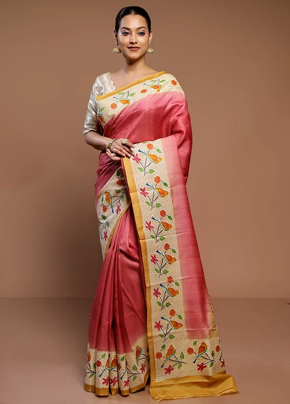 Peach Handloom Tussar Pure Silk Saree With Blouse Piece Onesize